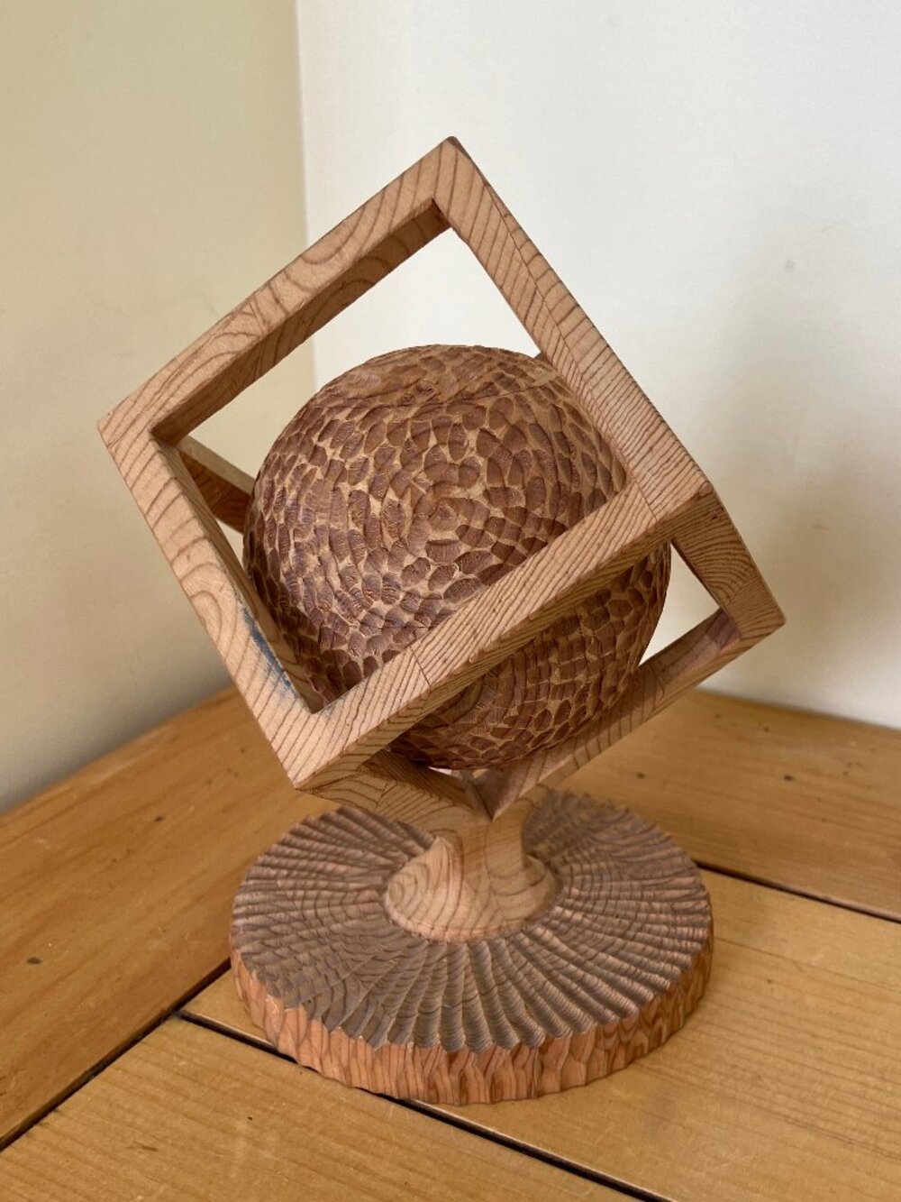 Wood Cube Carving Ball in Cage Vintage Hand Carved Artist Signed John Robson